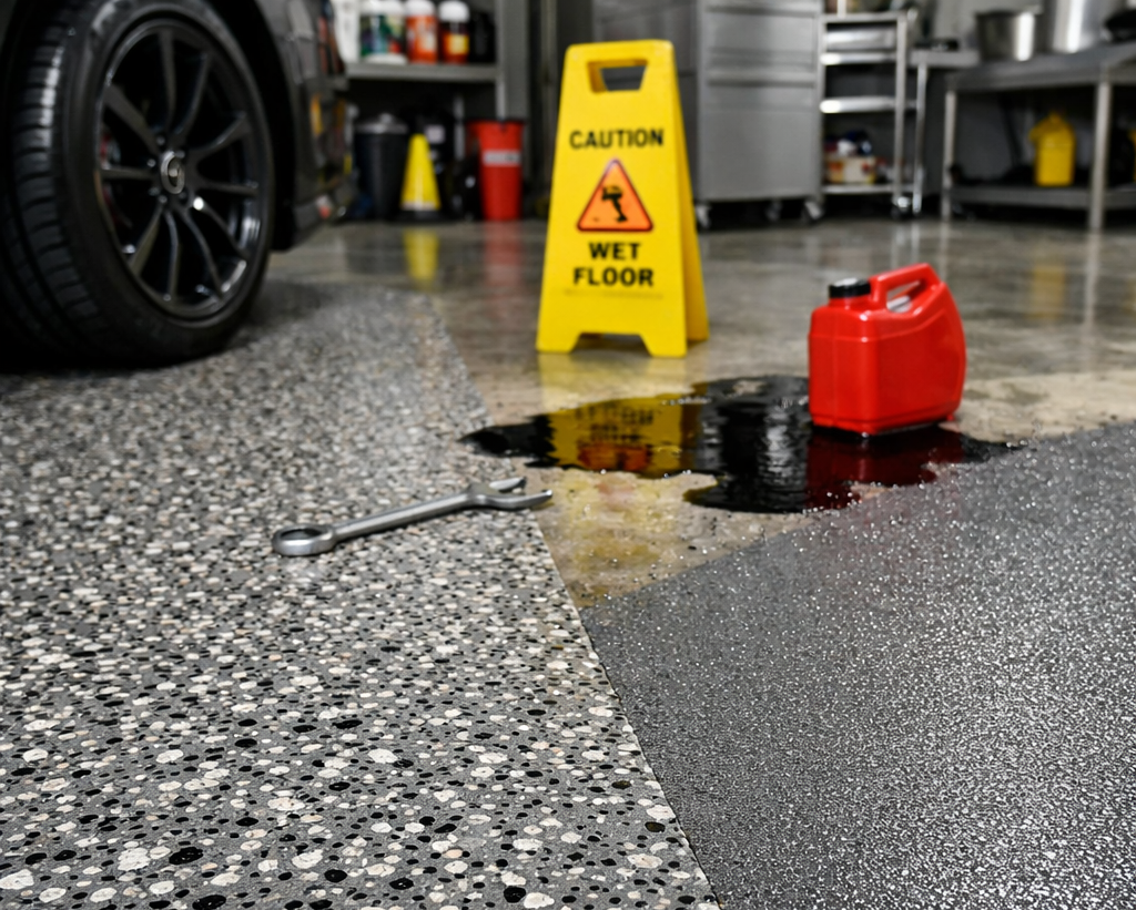 Car garage: spilled liquid on speckled floor, caution sign, wrench, red container.