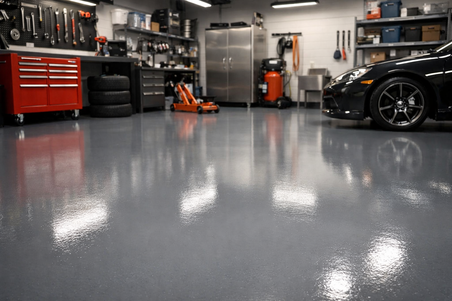 A clean, organized home garage with high-gloss gray epoxy flooring, a red tool cabinet, and a parked car.