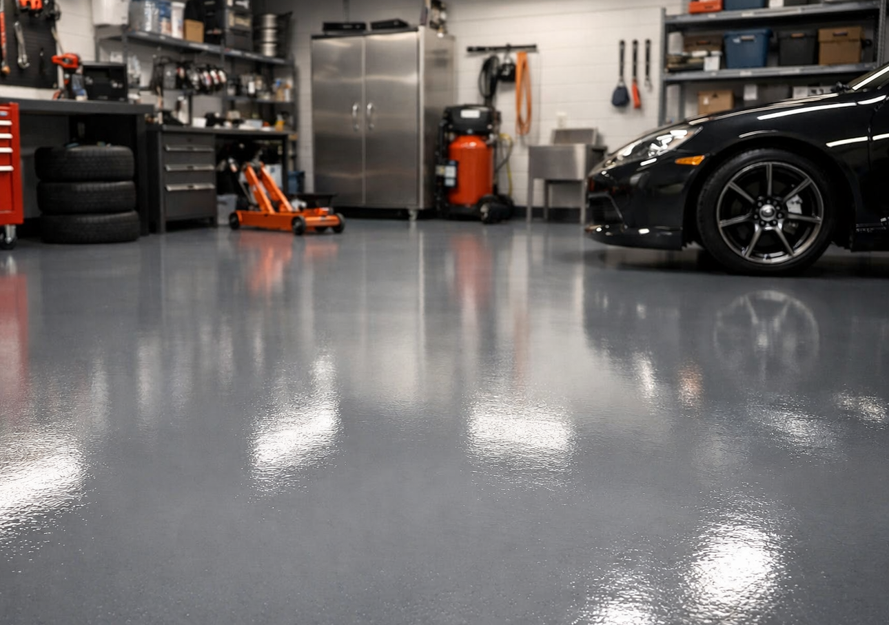 A shiny, gray epoxy garage floor reflects interior lights, tools, storage cabinets, and the front of a black car.