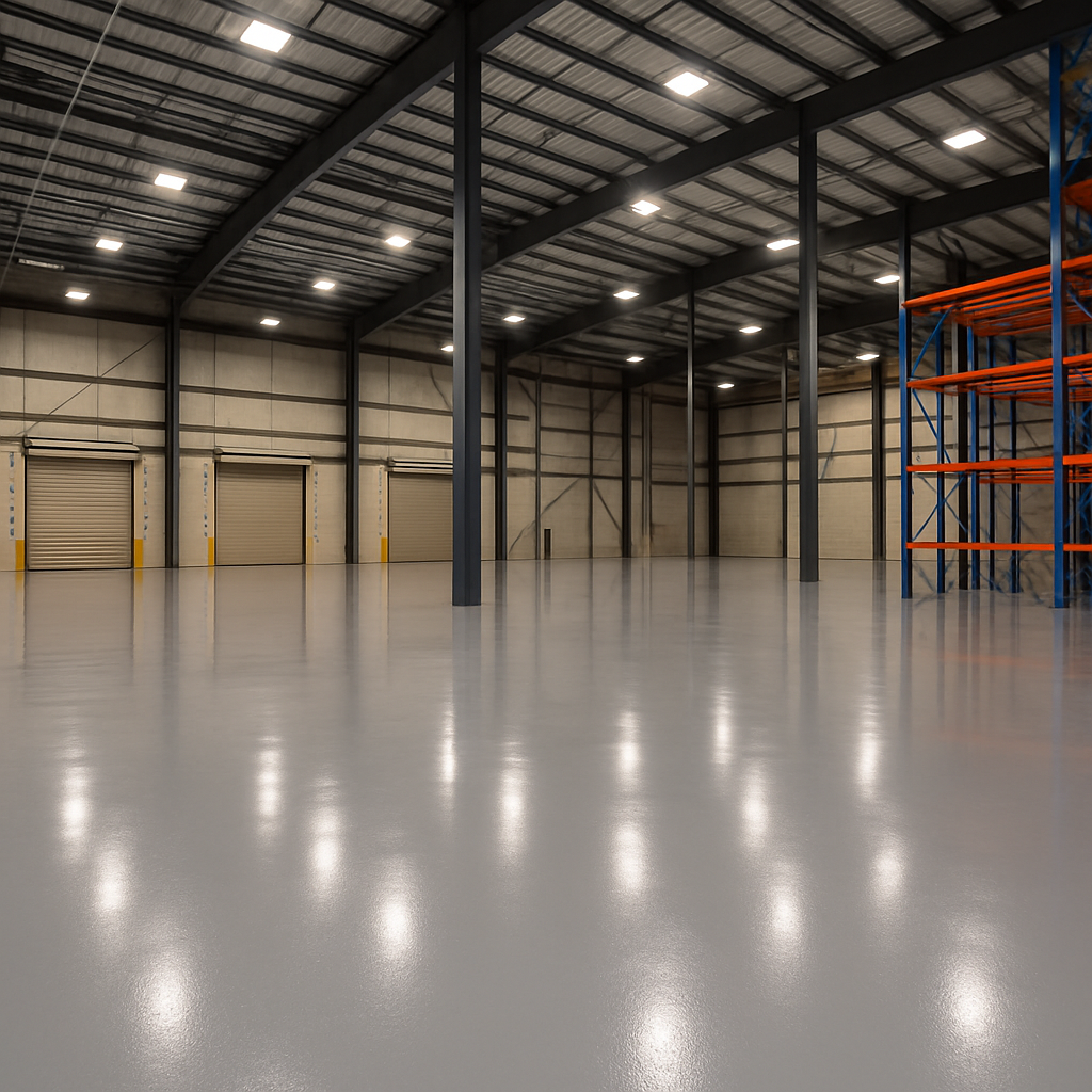 Empty, well-lit warehouse with shiny gray floor, metal beams, and storage racks on the right side.