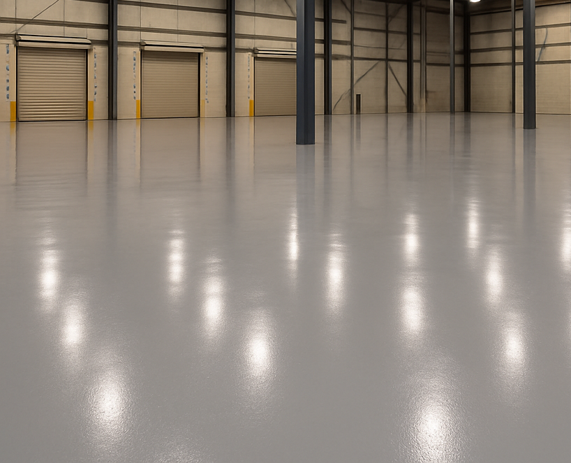 Empty, light gray warehouse interior with metallic beams and shelving.