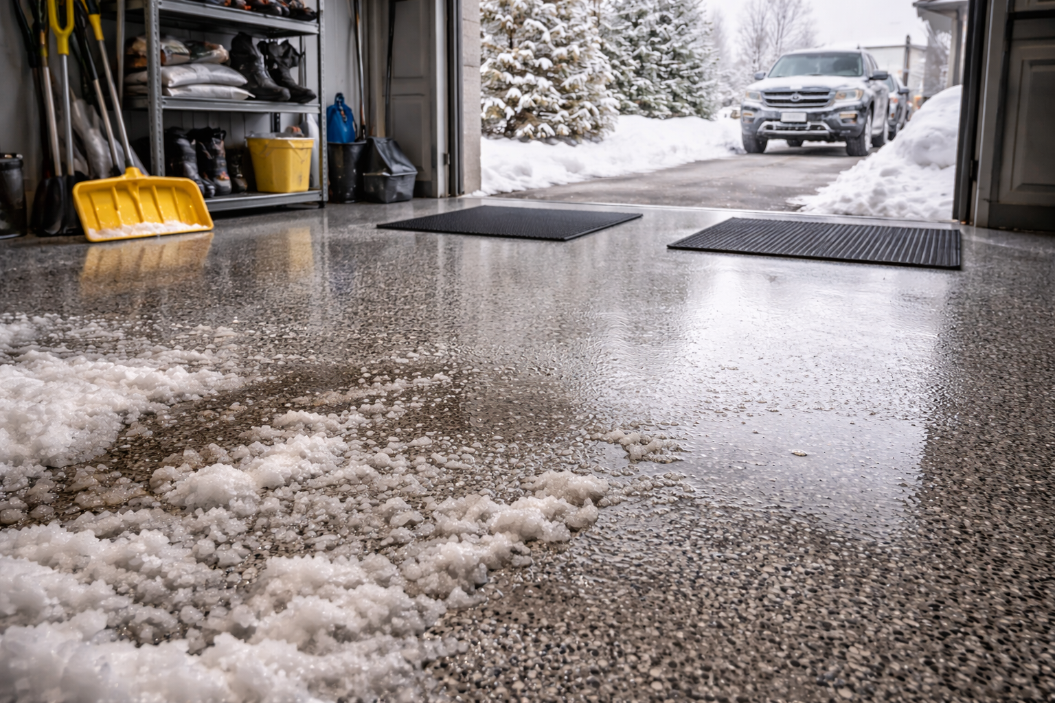 Snow and salt on a garage floor, with a car in the driveway and tools on a shelf.