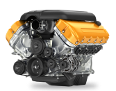 V8 engine with orange valve covers and black accessories, against a white background. | Torque European Car Care