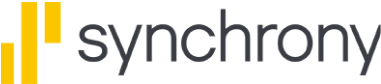 Logo for Synchrony: yellow vertical bars followed by the word