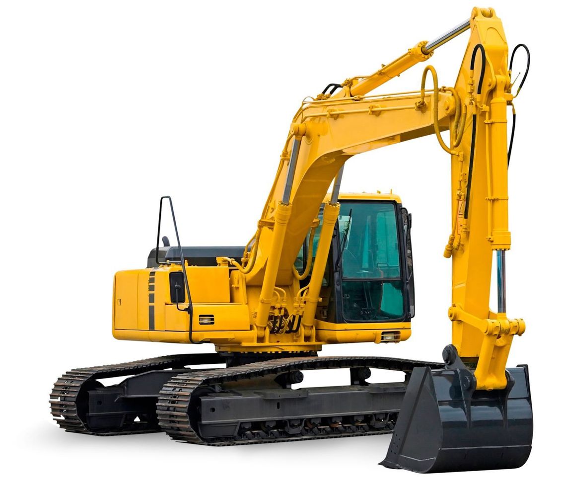 A yellow excavator with a black bucket on a white background.