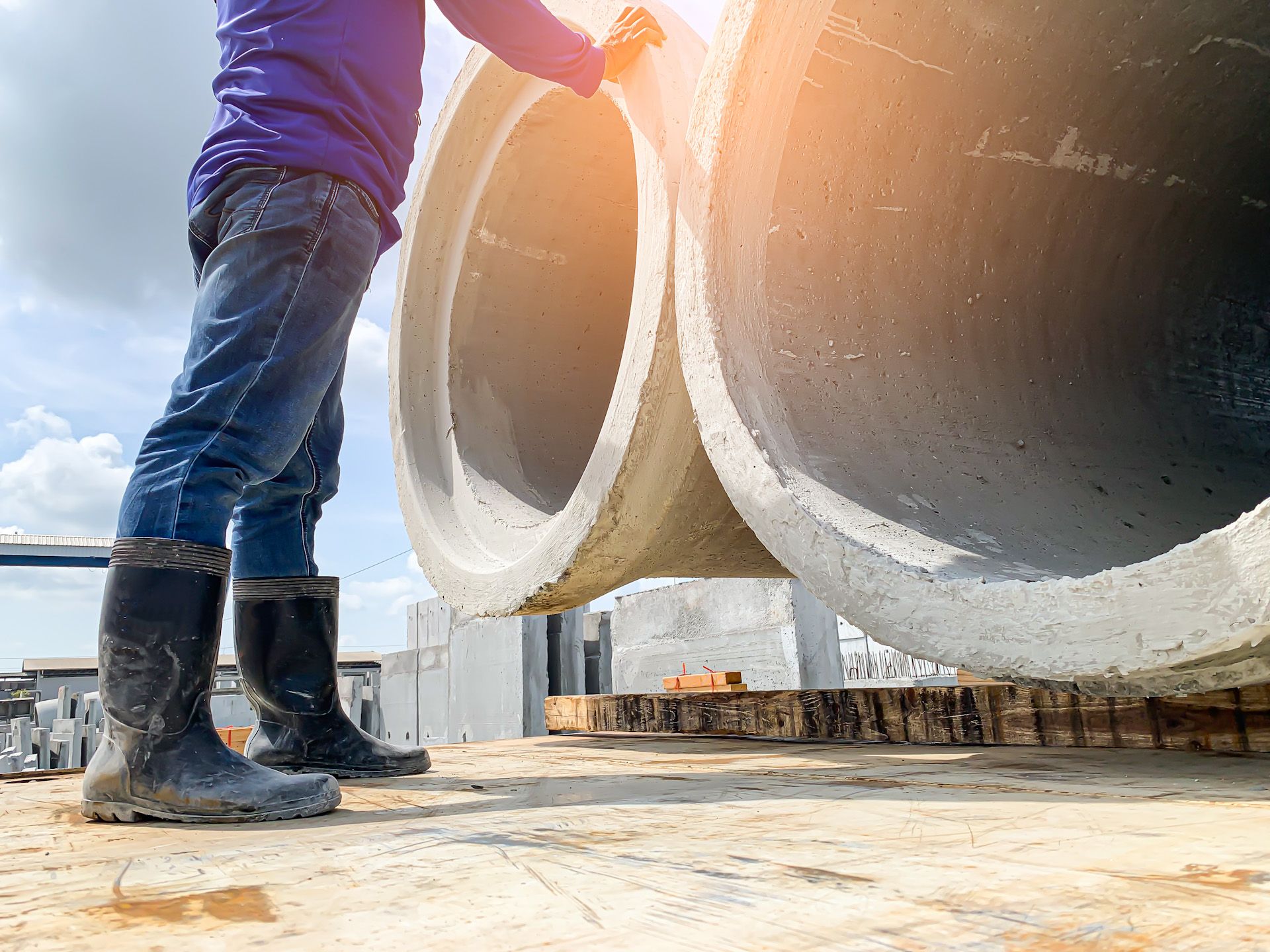 A man wearing rain boots is standing next to a pile of concrete pipes.