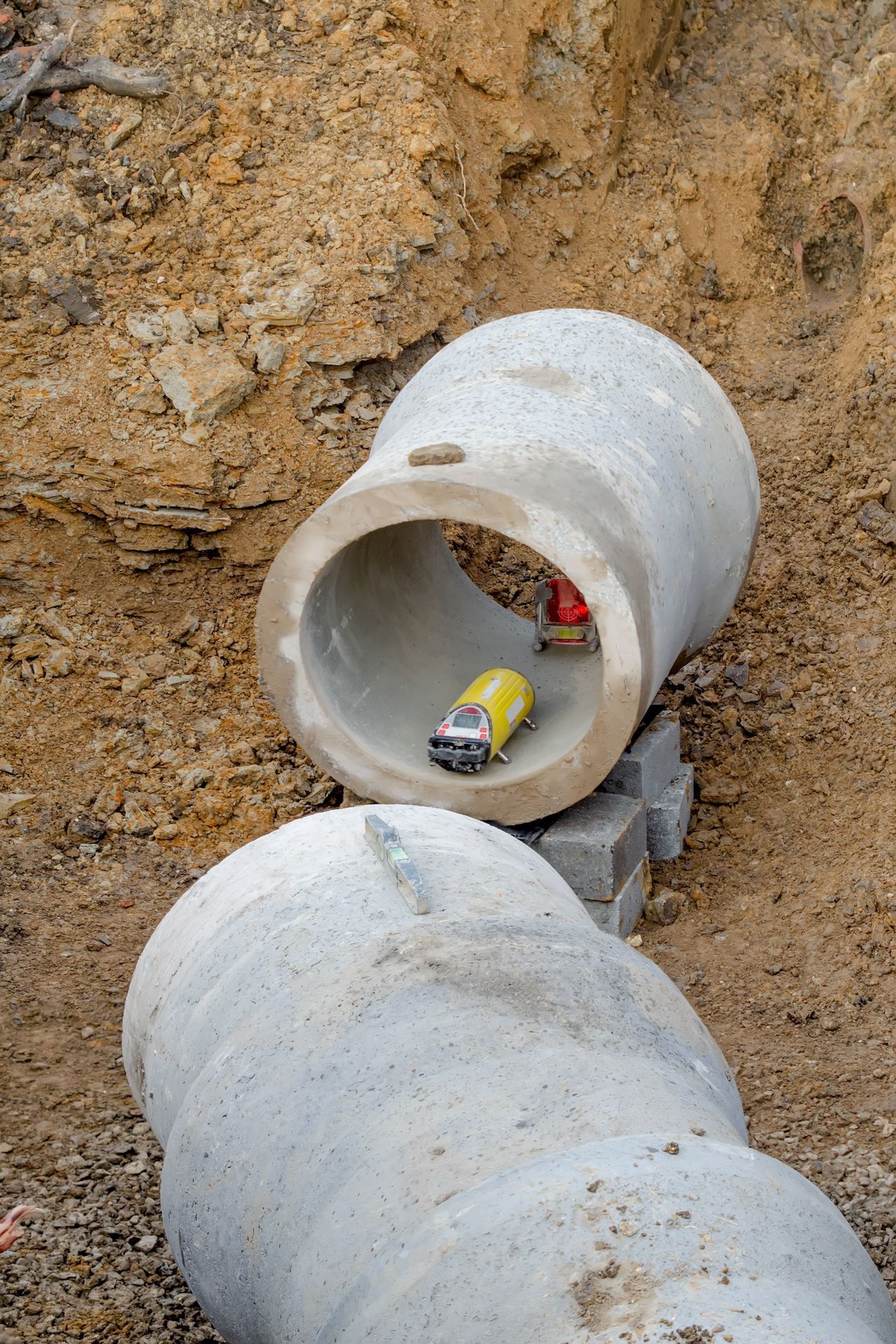 A toy truck is sitting inside of a concrete pipe.