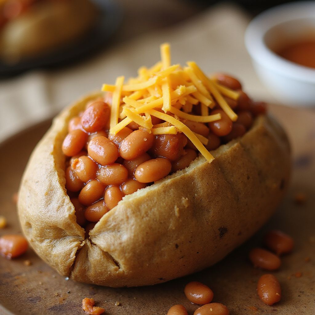 Baked potato filled with beans and shredded cheddar cheese.