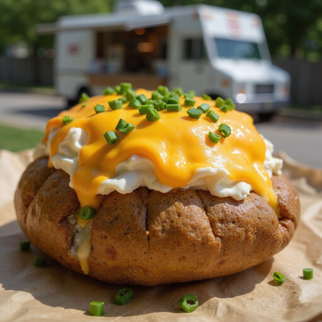 Baked potato with creamy filling and cheese, garnished with green onions, in front of food truck.