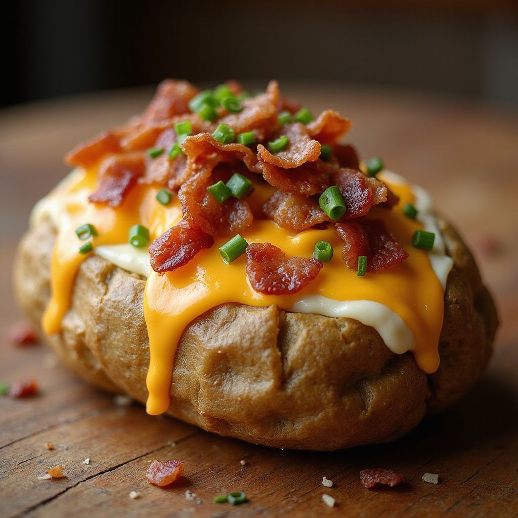 Baked potato topped with melted cheddar, bacon, and chives on a wooden surface.