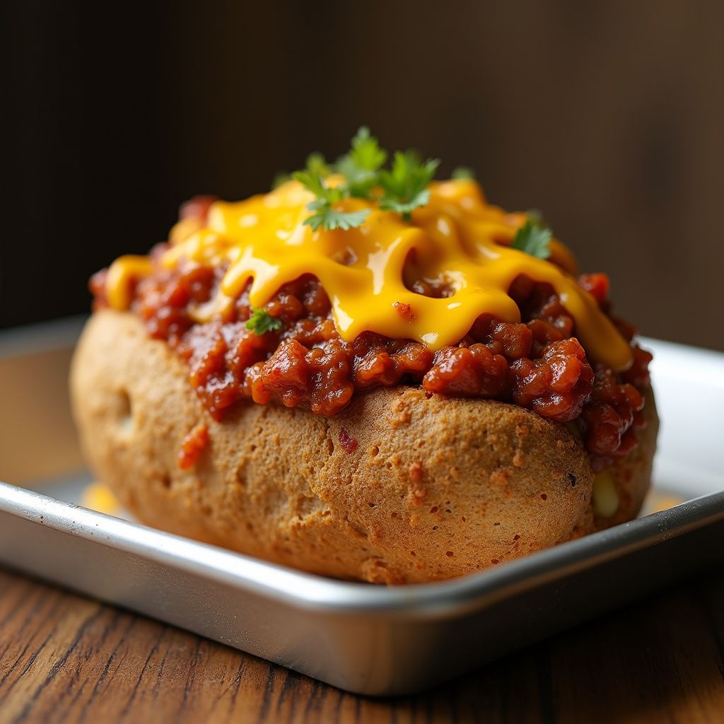 Baked potato topped with chili and melted cheddar cheese.