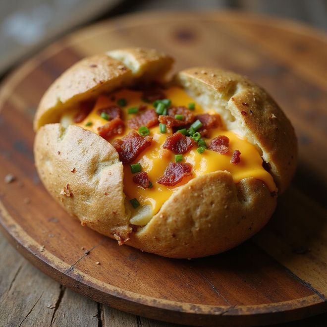 Baked potato bowl filled with cheesy sauce and bacon bits on a wooden board.