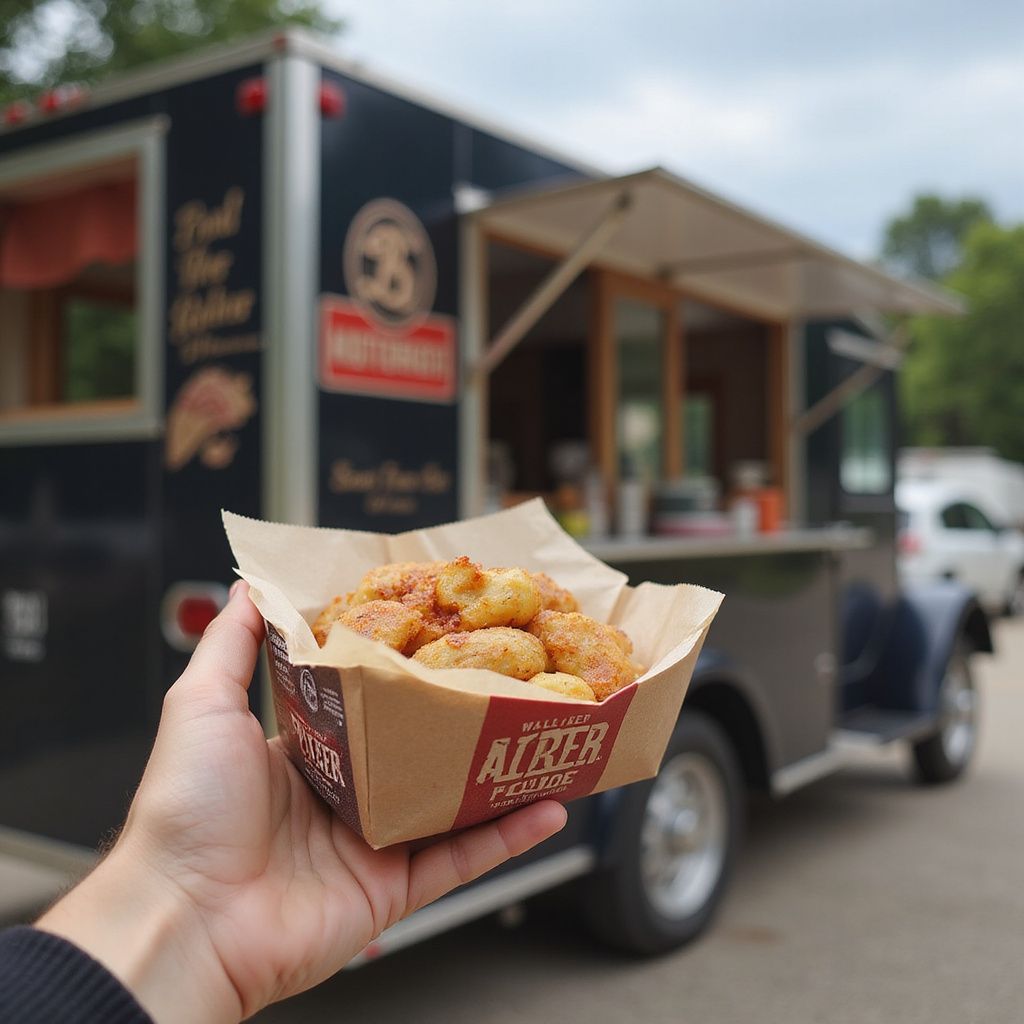 Hand holding a box of fried food in front of a food truck with the name 