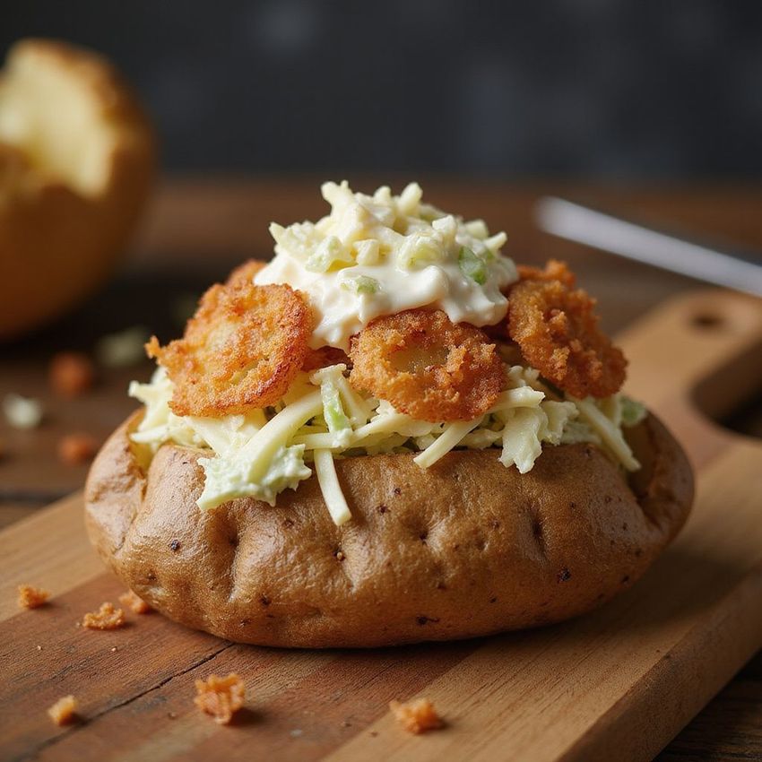 Baked potato topped with coleslaw, fried shrimp, and shredded cheese on a wooden board.