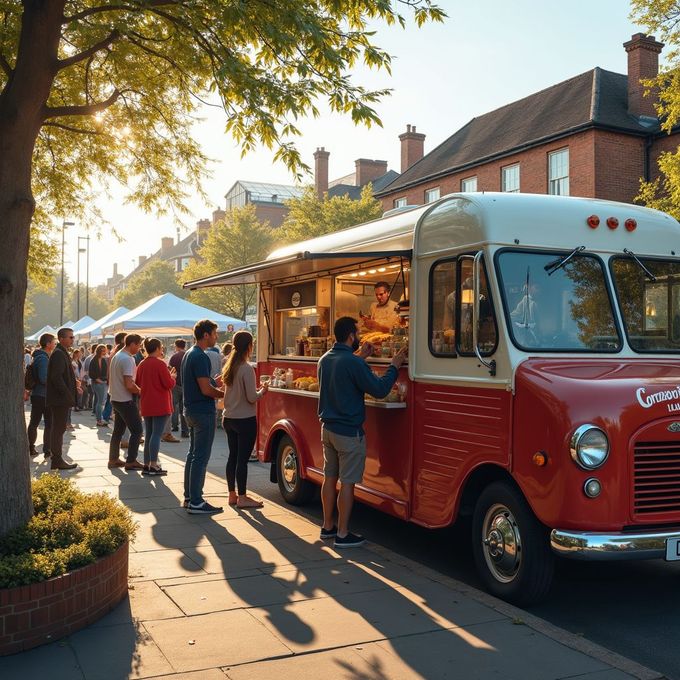 Red food truck in sunlight, serving customers. People wait in line on sidewalk, near trees and buildings.