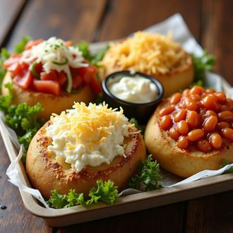 Baked potato skins with various toppings: tomatoes, cheese, beans, and sour cream.