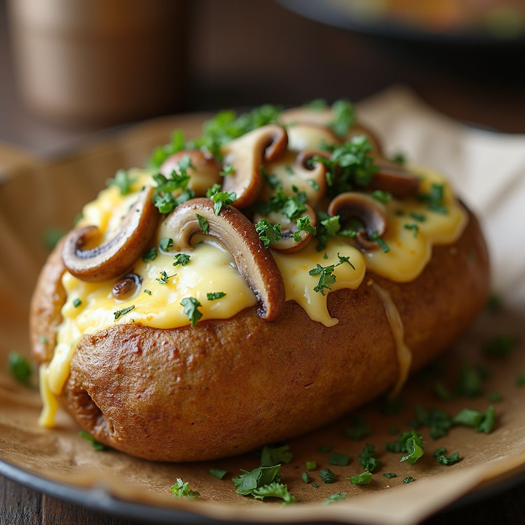 Baked potato topped with melted cheese, sauteed mushrooms, and parsley.