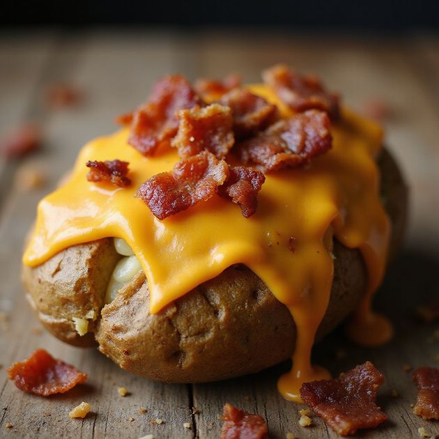 Baked potato topped with melted orange cheese and crispy bacon on a wooden surface.