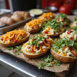 Baked potato halves topped with cheese, tomatoes, and cilantro.