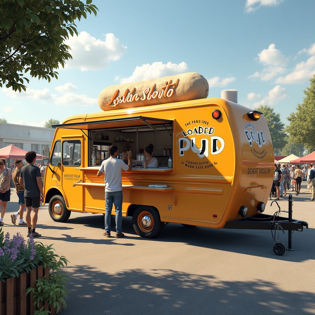 Yellow food truck at a market, with customers.