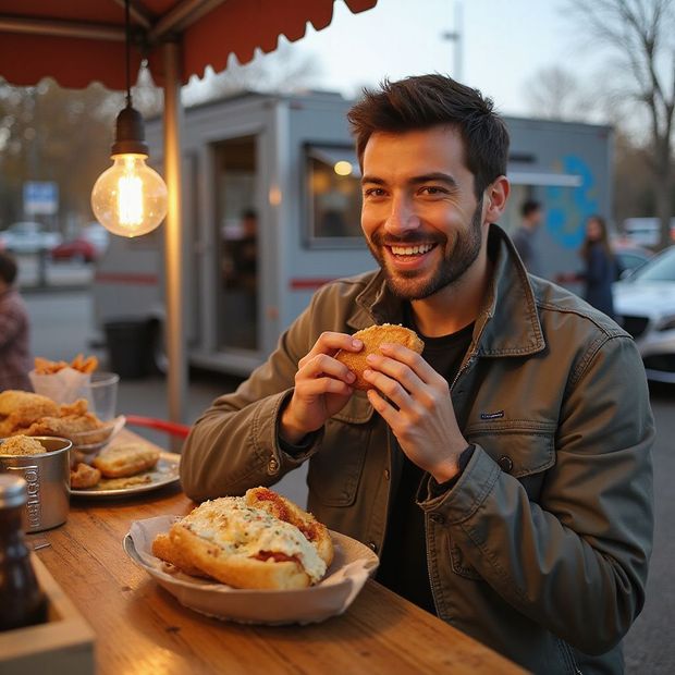 Man smiles while eating at a food stall. He is sitting at a table with food, with a food truck in the background.