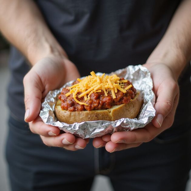 Person holding a baked potato loaded with chili and shredded cheese in aluminum foil.