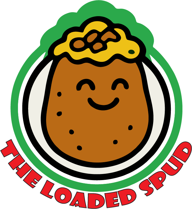 Logo: Cartoon potato with toppings, smiling, inside a green and white circle. Text