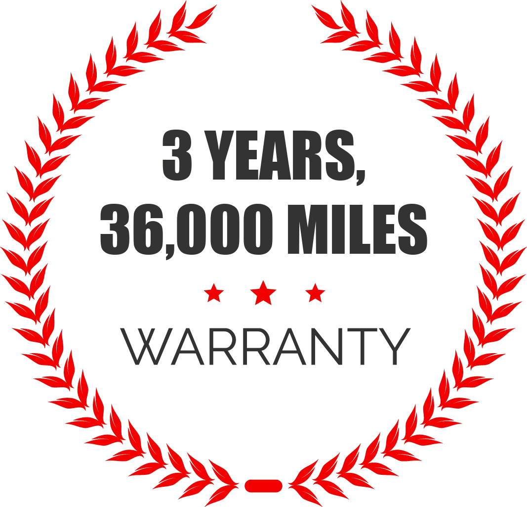 Red laurel wreath around “3 YEARS, 36,000 MILES WARRANTY” text with three stars.