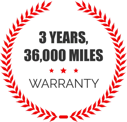 Red laurel wreath around “3 YEARS, 36,000 MILES WARRANTY” text with three stars.
