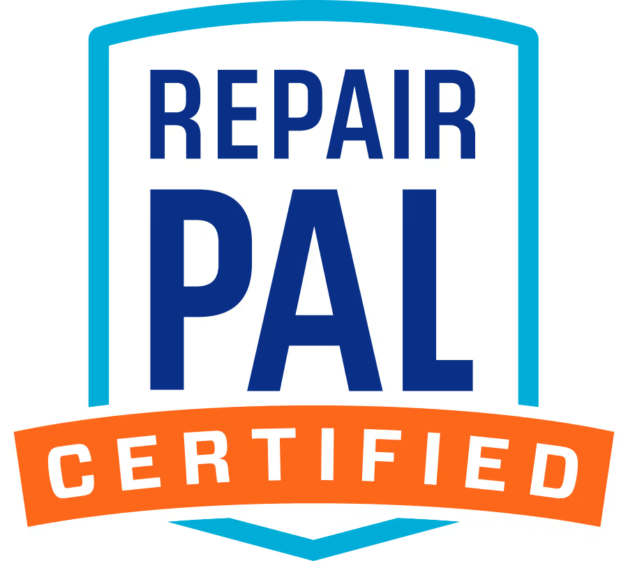 Repair Pal Certified logo in blue and orange with bold text inside a shield shape
