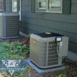 A couple of air conditioners are sitting outside of a house.