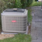 A large air conditioner is sitting in the grass next to a sidewalk.