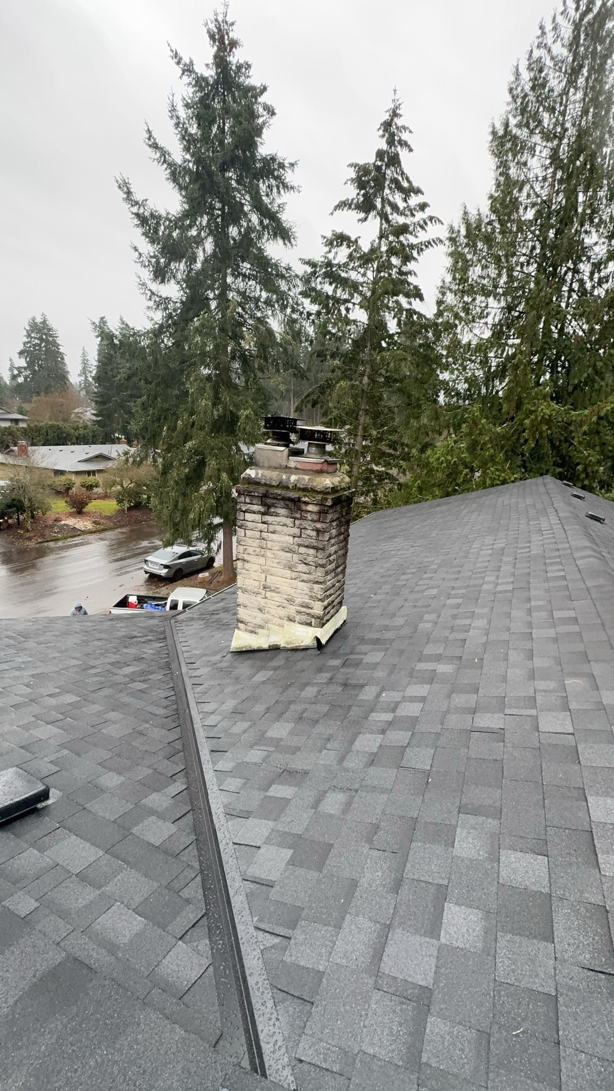 A chimney on top of a roof with trees in the background.