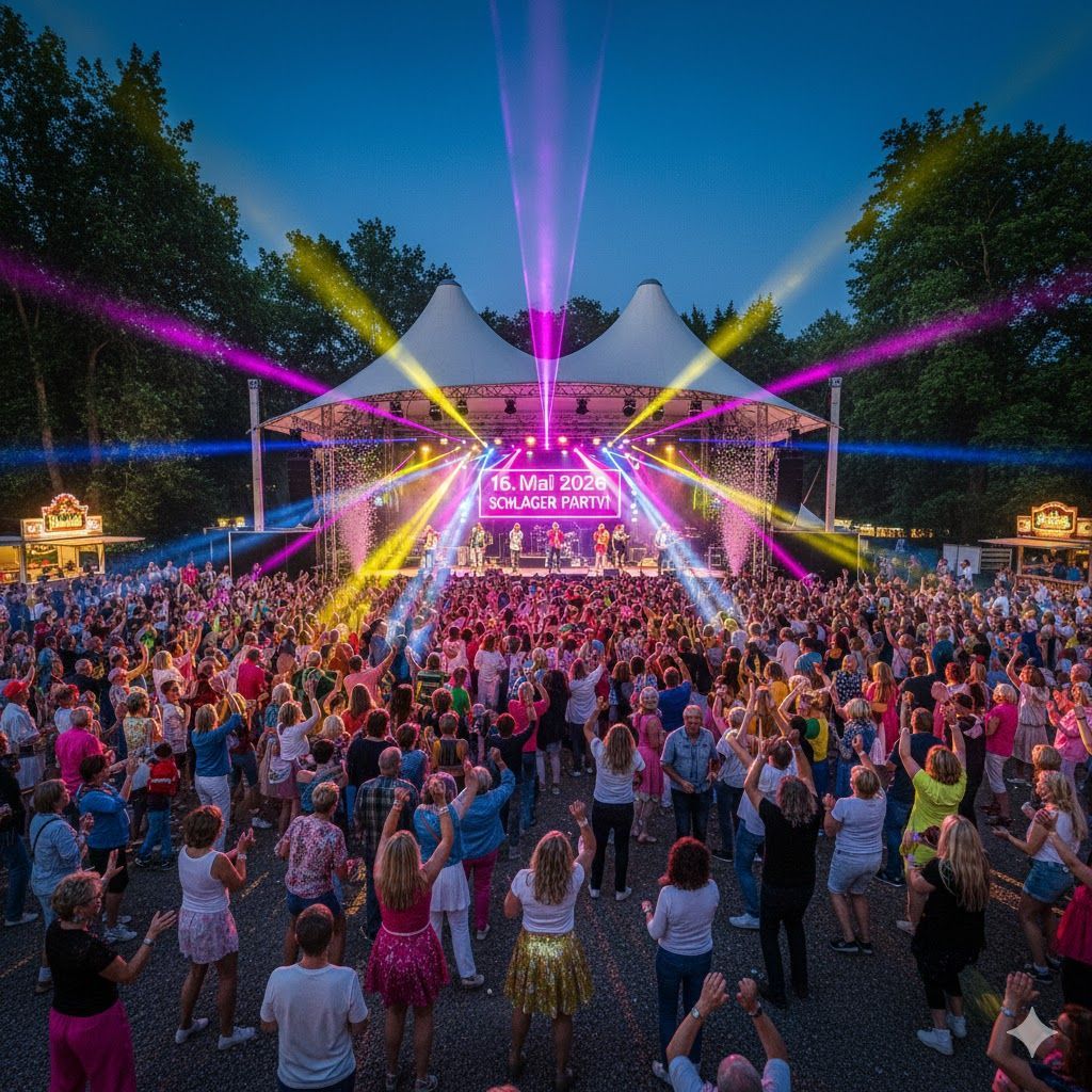 Konzert bei Nacht: Band auf der Bühne mit Lichteffekten, große Menschenmenge tanzt und jubelt im Freien.