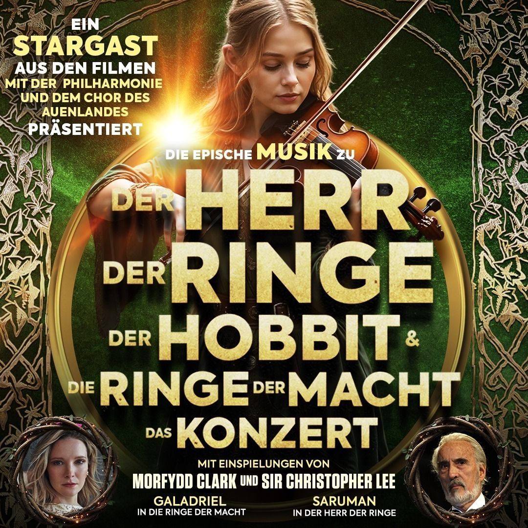 Konzertplakat für „Der Herr der Ringe“ mit einem Violinisten und den Schauspielern Morfydd Clark und Christopher Lee.
