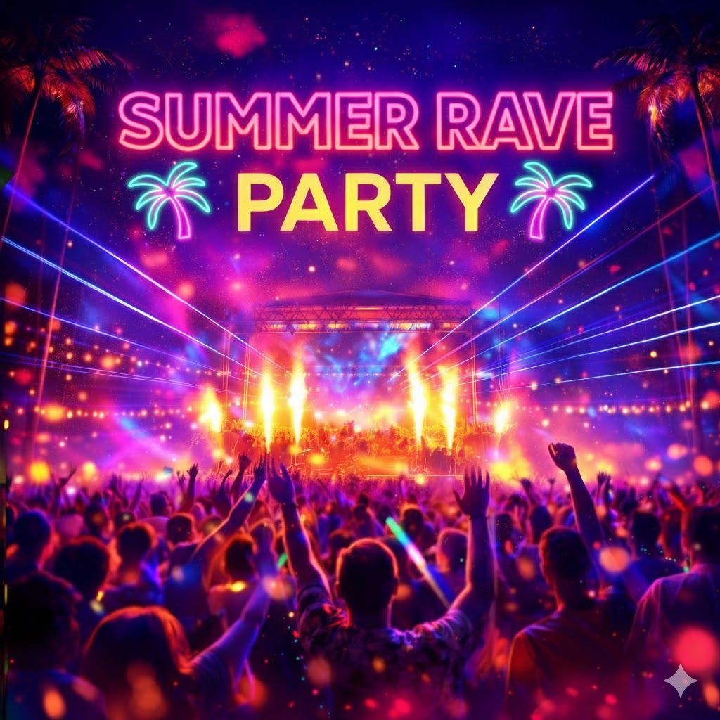 Summer Rave Party Open Air auf der Parkbühne – neonfarbenes Festival-Keyvisual mit Laseratmosphäre