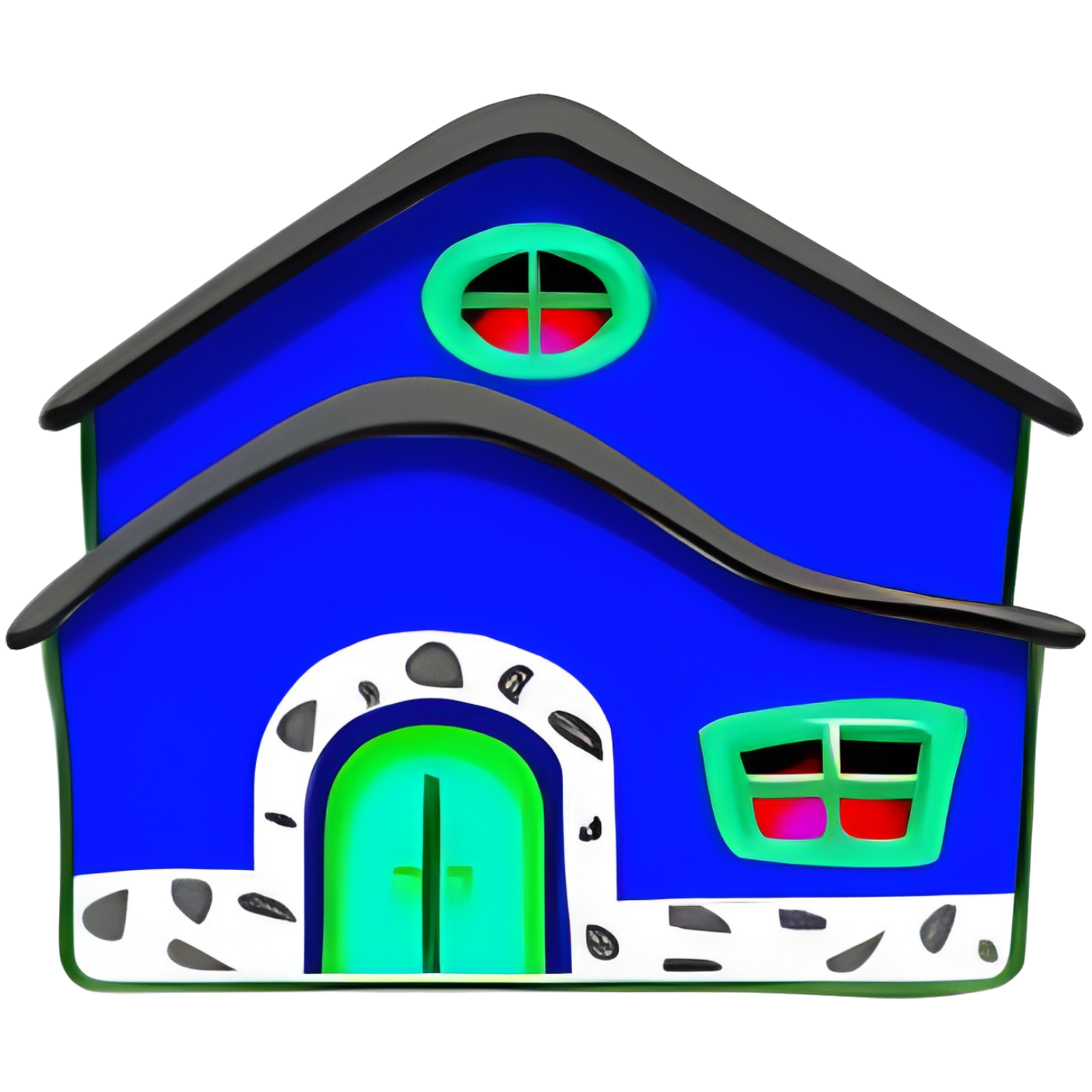 Blue cartoon house with green doors and window, black roof, and stone details.