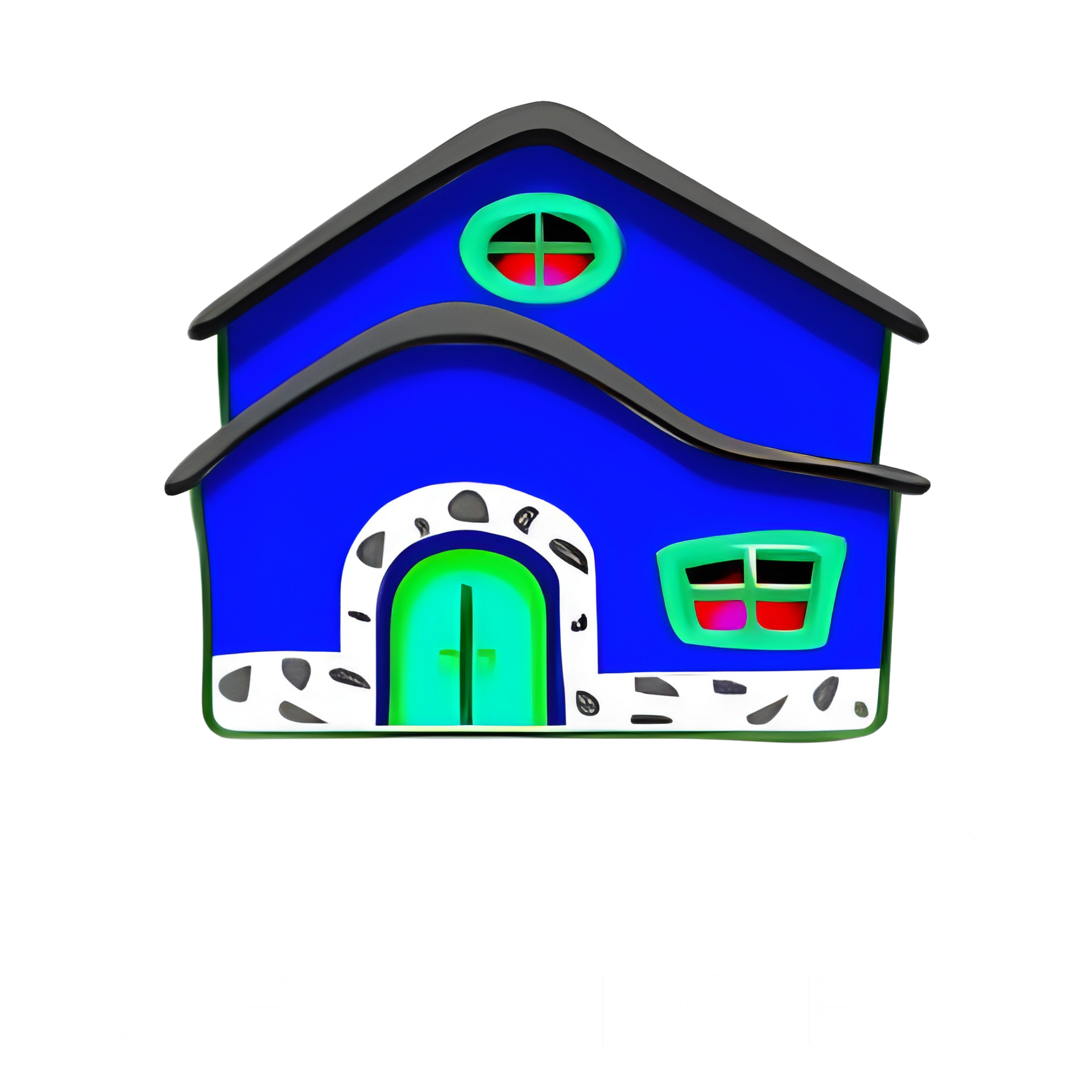 Blue cartoon house with arched entrance, oval and square windows; white trim.