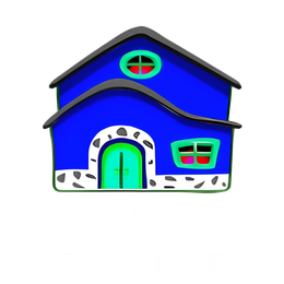 Blue cartoon house with arched entrance, oval and square windows; white trim.