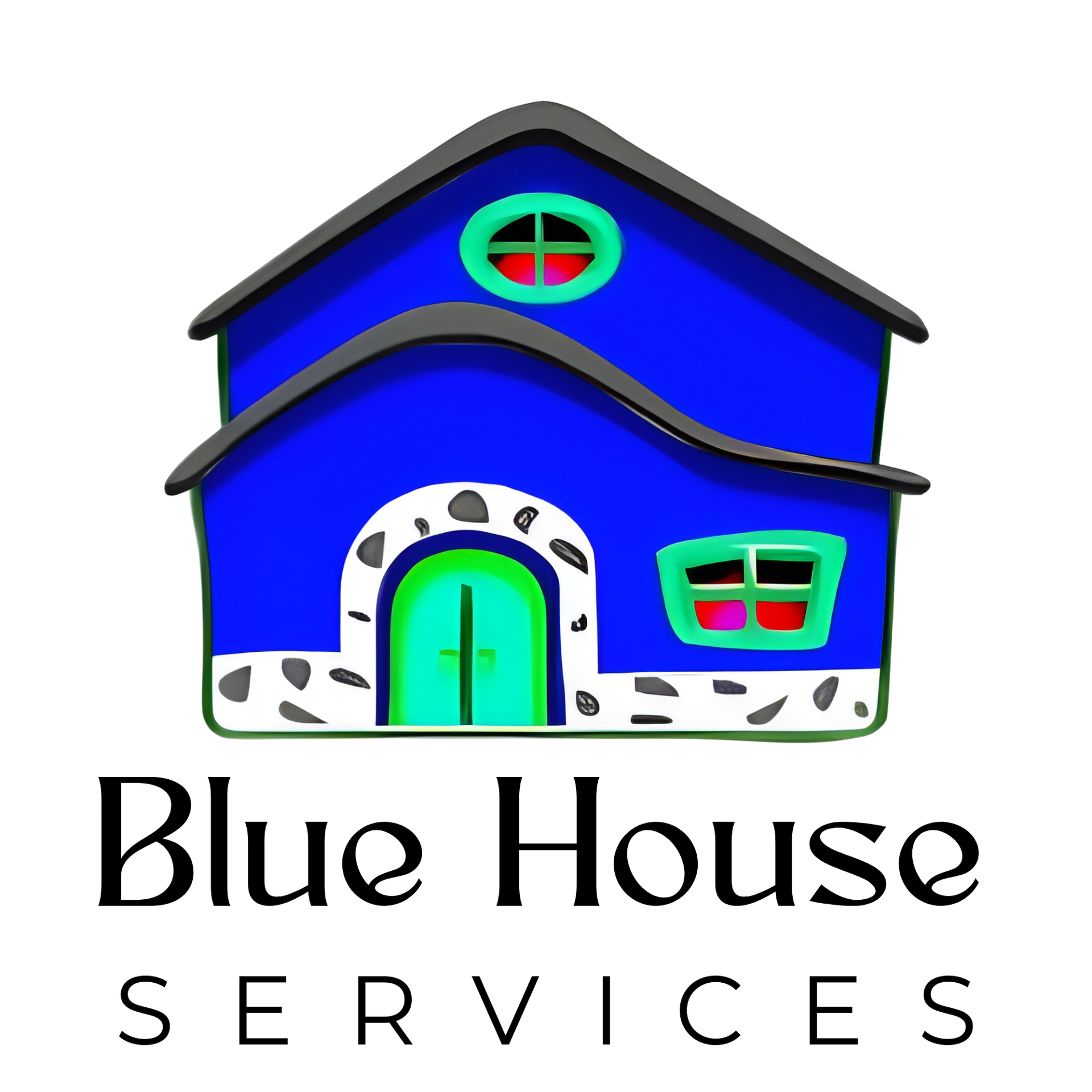 Blue house illustration with green doors, a round window, and the text 