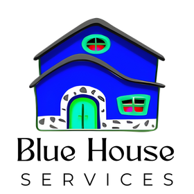 Blue house illustration with green doors, a round window, and the text