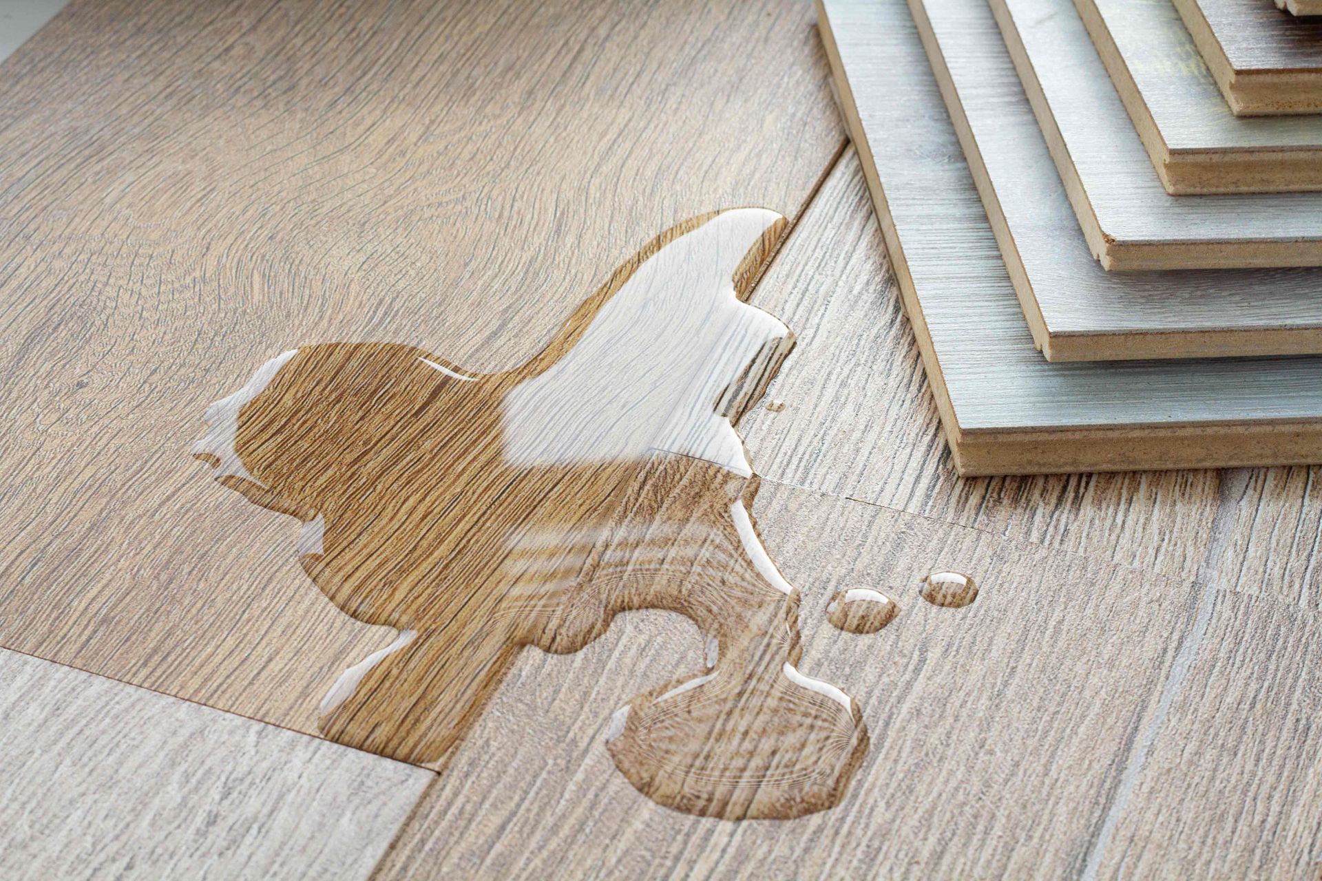 Spilled liquid on light-colored wooden flooring with a stack of similar planks in the background.