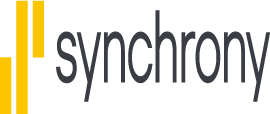 Synchrony logo with a yellow graphic and dark grey text.