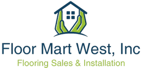 Floor Mart West, Inc. logo: House icon in green hands, navy text, 