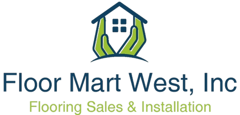 Floor Mart West, Inc. logo: House icon in green hands, navy text, 