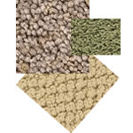 Three samples of animal food: brown pellets, green pellets, and tan, pellet-like bedding.