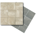 Two square tile samples, one tan, the other gray, arranged in grids.