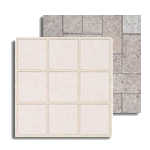 Two square tiles: cream-colored with grid pattern and stone-textured gray, possibly for flooring or walls.