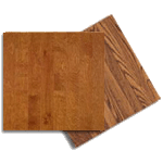 Two wooden square flooring samples; one smooth, light brown, the other with grain, dark brown.