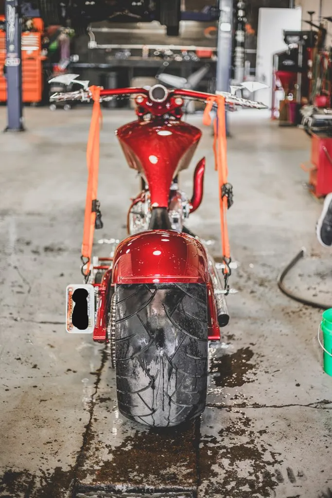 rear view of customized red chopper